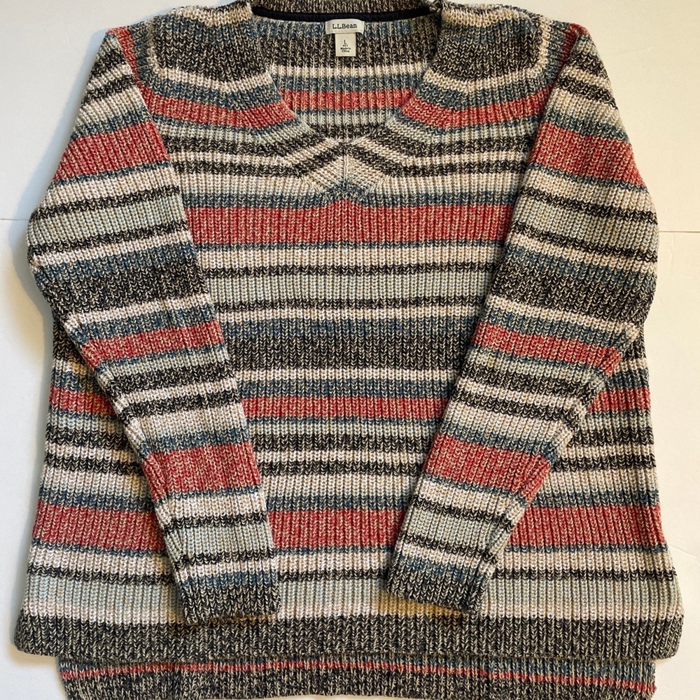 LL Bean Sweater Women’s Large Petite 100% Cotton Multi Color Striped V-Neck